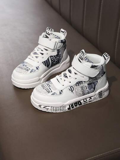 Kids' Fashion Black & White Combination Random Pattern Hook And Loop Design Sports Sneakers, Comfortable For Toddler Walking, School, Outdoor Play, High-Top, Versatile, Running Shoes