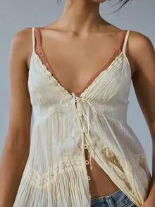Women's Sleeveless Deep V Neck Cami Tops Tie-Up Front Camisole Casual Vest Shirts - Màu be - Xem 3