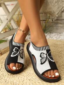 1 Pair Dual-Color Plaid Butterfly Open-Weave Sports Bohemian Sandals, Breathable Elastic Summer Beach & Outdoor Casual Shoes