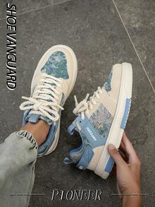 Men's Random Forest Print Versatile Comfortable Flat Casual Shoes, Outdoor Street Color Block Leather Patchwork Couple Lightweight Low-Top Sneakers - Milan - View 6