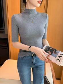 WOMEN'S HIGH NECK KNITTED BLOUSE WITH SIMPLE HALF SLEEVE, RIB FABRIC S M L - 灰色 - 查看 4