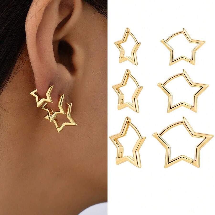 Plain Star Trio Earring PLATED 18K Gold In 925 Anti-Allergic Silver - 金色 - 查看 1