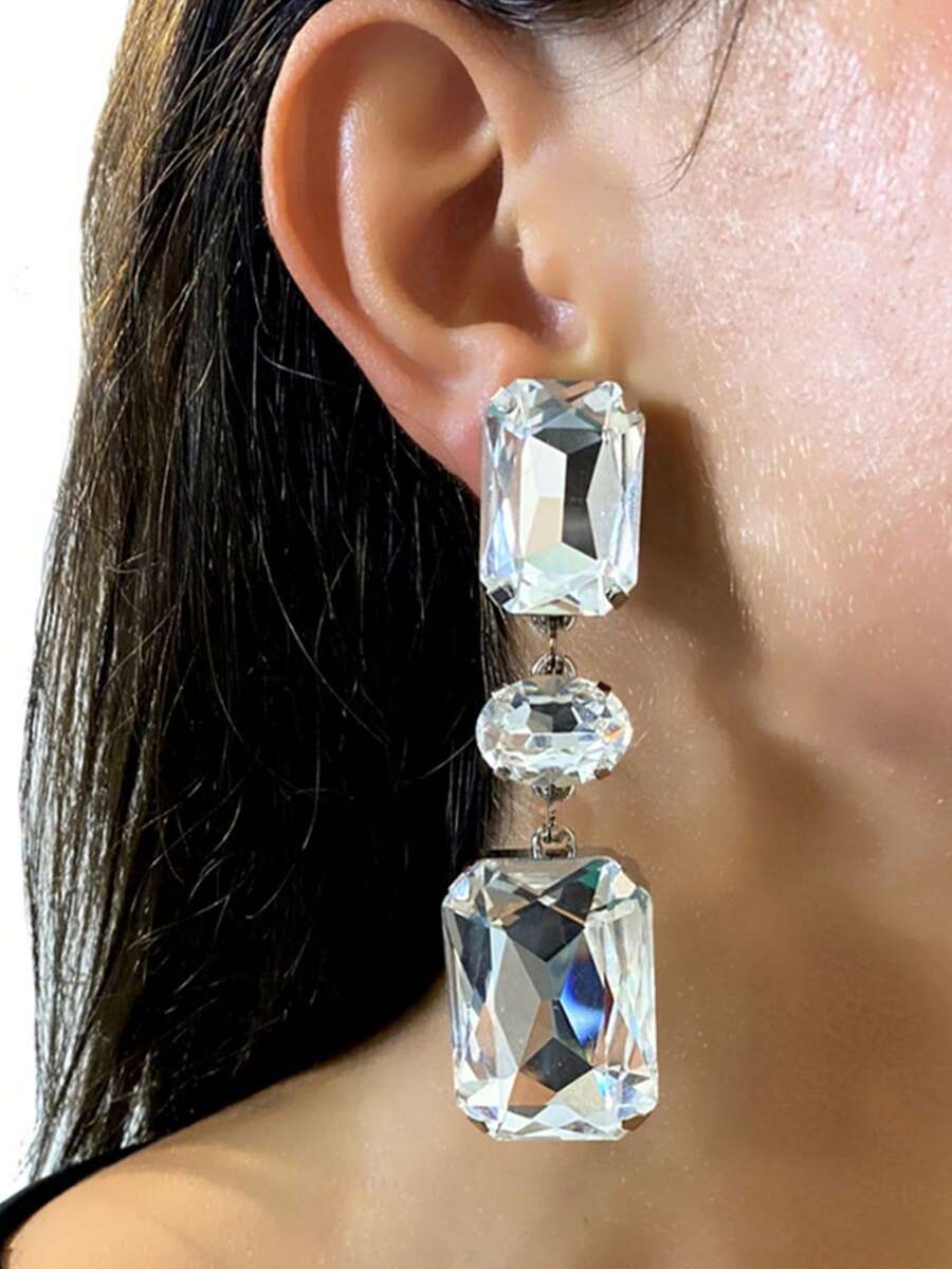 Bông tai thả trang trí bằng đá rhinestone - Bạc - Xem 1