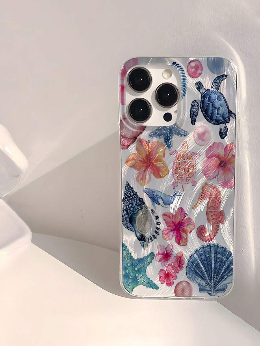 WeiMi 夏季手机壳 Iphone1pc 水彩贝壳海龟拼布图案闪亮柔软保护手机壳,防水防震防滑,兼容 防摔防刮 - 彩色 - 查看 1