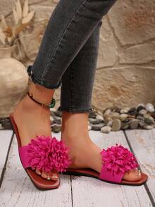 Floral Print Fashion Flat Sandals, Versatile Matching Goddess Shoes Suitable For Dates, Parties, Beach Getaways, Casual Home Wear - Hot Pink - View 3
