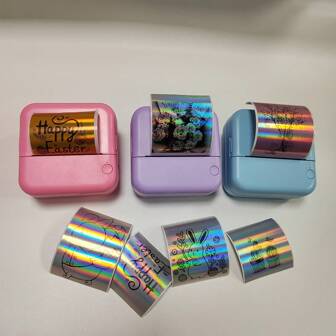 3 rollos de papel autoadhesivo continuo de colores dorado, plateado y morado con efecto holográfico, pegatinas térmicas de arcoíris con brillo, barra de código, direcciones, nombres, diseño de logotipo personalizado, compatible con impresoras C9/C15/X6/T02/Mini, útiles escolares, de vuelta a clases
