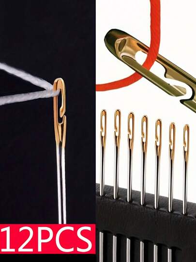 12 件家用缝纫针，老年人和盲人免穿线针，手缝针，带线盒缝纫，盲针，侧孔针，DIY 缝纫配件，缝纫针