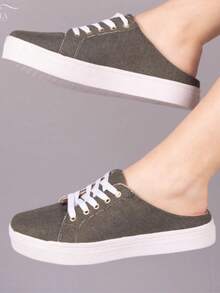 Women's Casual Mule Sneakers Flat Sole Lace-Up Comfortable Practical Versatile - 軍綠色 - 查看 3