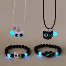 PHCOO Glow-In-The-Dark Cat Jewelry Set - 4pcs Luminous Beaded Bracelets & Multilayer Necklace, Vintage Boho Style, Adjustable Elastic Black Beads With Cute Cat Accents, Perfect For Couples/Friendship Gifts, Halloween/Christmas