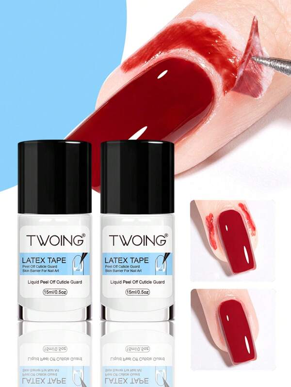 TWOING مجموعة زجاجتين 0.51 أونصة ،سائل لكشط الأظافر،لاصق حافة لا تنسكب،شريط لاتكس حماية الجلد،طلاء الأظافر يزيل بقسوة،لوازم الماnikير والعناية بالأظافر
