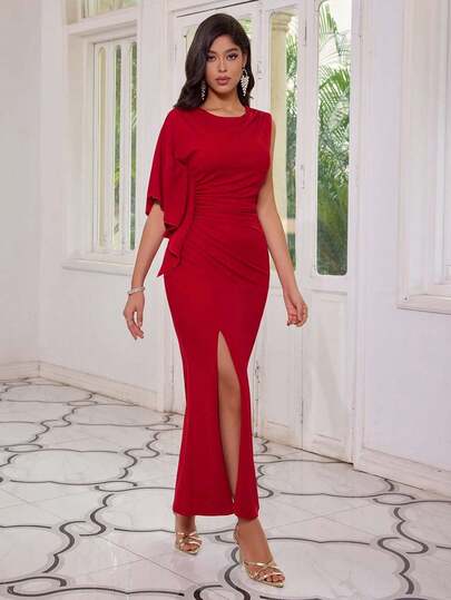 ANGEL FASHIONS Abito lungo da cerimonia con maniche asimmetriche e arricciature, adatto per madre della sposa/sposo o damigella, colore rosso, da sera, formale, abito da festa