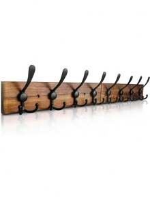 Wall Mounted Coat Hooks, Rustic Wall Mounted Coat Rack Hook For Hanging Coats, Towels, Hats, Jackets In Bathroom, Living Room - Brown Finish, Wooden Rack With 3 Hooks, 40cm