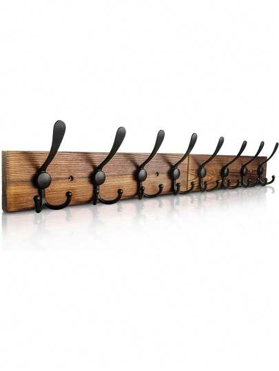 Wall Mounted Coat Hooks, Rustic Wall Mounted Coat Rack Hook For Hanging Coats, Towels, Hats, Jackets In Bathroom, Living Room - Brown Finish, Wooden Rack With 3 Hooks, 40cm