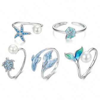 1 pieza Anillo abierto de plata de ley 925 con diseño de tortuga marina y estrella de mar de la serie oceánica, anillo apilable y ajustable, regalo de cumpleaños, joyería de verano