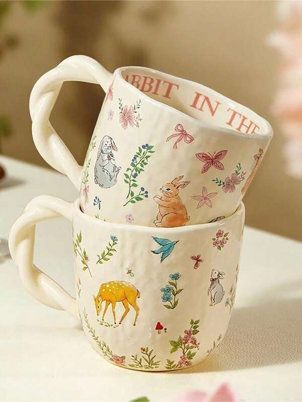 1pc 300ml Ceramic Cup With Nature-Inspired Texture, Braided Handle, Cartoon Design, Suitable For Home & Office Use