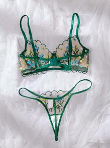 Damen Spitzen Ditsy Blumen Stickerei Sexy Dessous Set, zierliche Ditsy Blumen klassische sinnliche Stickerei, Rave