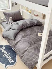 4pcs/Set (1pc Duvet Cover + 1pc Flat Sheet + 2pcs Pillowcases) Black Plaid Patchwork Reversible Soft & Breathable Microfiber Bedding Set, Suitable For Student Dormitory, Skin-Friendly - Black Small Grid - View 4