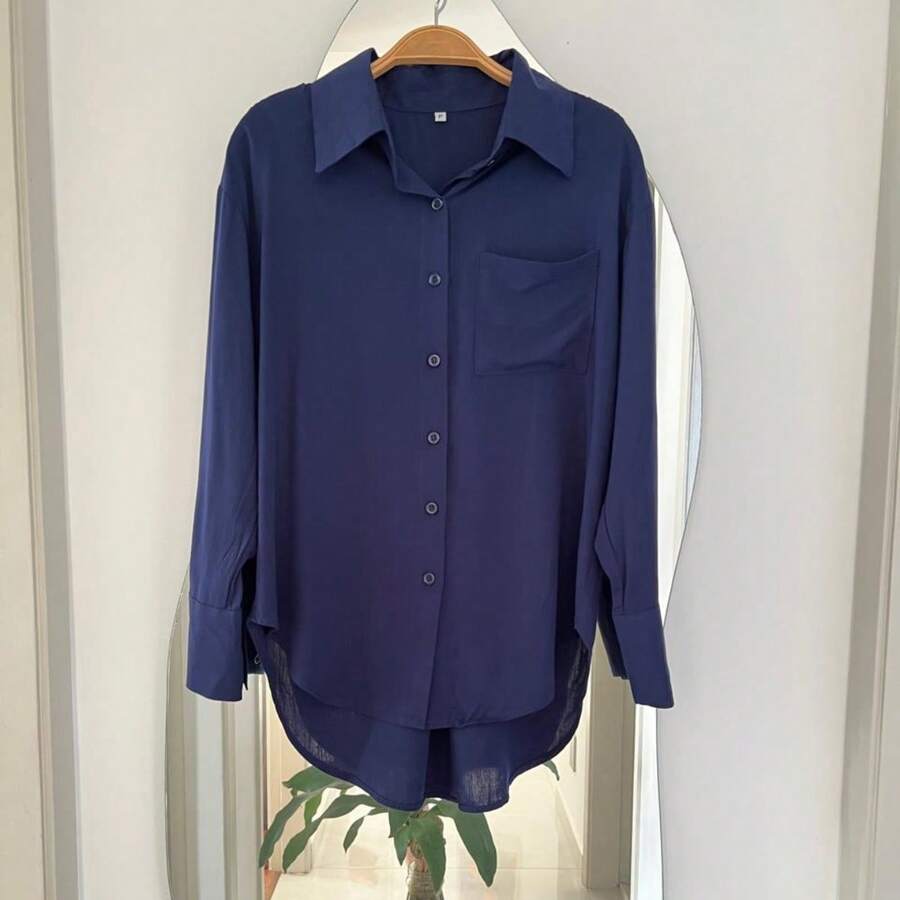Women's Long Sleeve Button Down Shirt - Navy Blue - View 1
