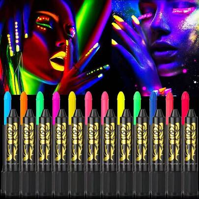 12pcs Luminous Wax Crayon Glow In The Dark Under UV Light Vivid Color Body Face Painting Halloween Holiday Art Crayon,Back To School,School Supplies