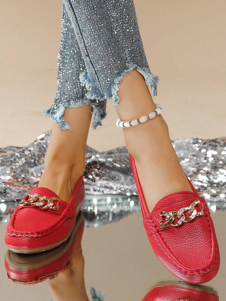Women's Spring New Stylish Gold Chain Slip-On Loafer Shoes, Lightweight Comfortable Rubber Flat Versatile Casual Shoes - Red - View 1