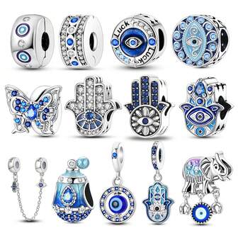 1pc Blue Series Eye Devil Hand Amulet Perfume Bottle Elephant SUV Butterfly Pendant Style Charm Fit For 3mm Bracelet Necklace Silver Color Bead DIY Jewelry Making Beads Daily Gift&Wear For Women Girl