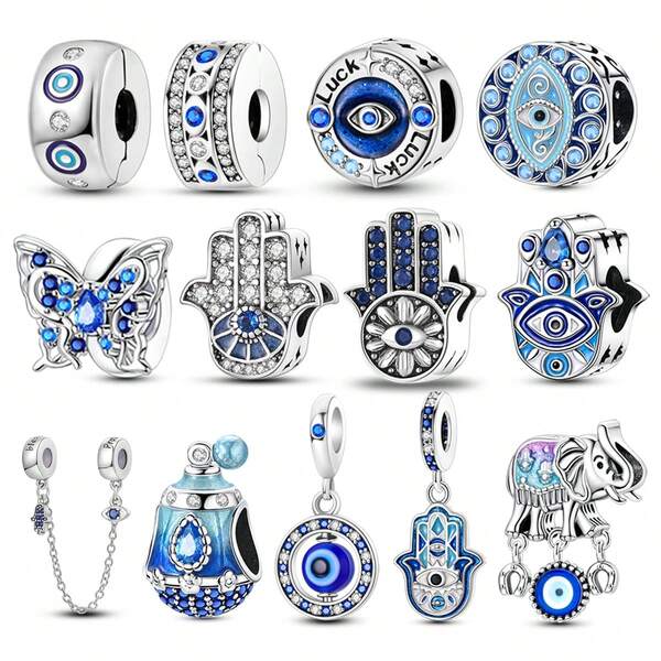 1pc Blue Series Eye Devil Hand Amulet Perfume Bottle Elephant SUV Butterfly Pendant Style Charm Fit For 3mm Bracelet Necklace Silver Color Bead DIY Jewelry Making Beads Daily Gift&Wear For Women Girl