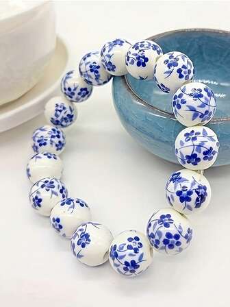 1 pieza Pulsera de cuentas de cerámica azul celeste con flores chinas para mujer - Diseño simple y redondo, joyería de moda, perfecta para uso diario y como regalo, accesorio para todas las estaciones