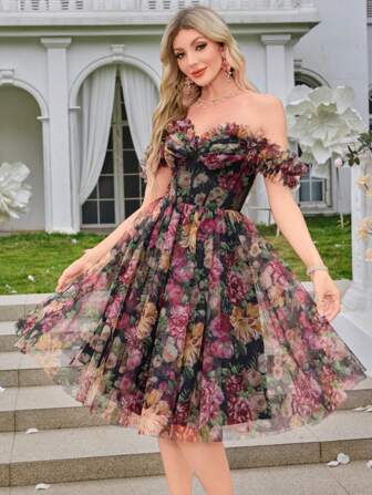 Elegant And Romantic Handmade Floral Decor Off Shoulder Mesh Floral Party Dance Dress For Women, Wedding Guest Dress, Prom Dress
