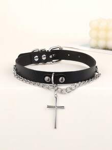 1pc Women's Double Chain Heart Pendant, Pin Buckle Double Ring Choker, Round Ring + Chain Spike, Chain Heart Pendant, Chain Cross Pendant, Large Round Ring Pendant, Double Chain Round Ring Pendant, Pin Buckle Double Ring Choker, Boho Fashion Punk Adjustable Collar Choker