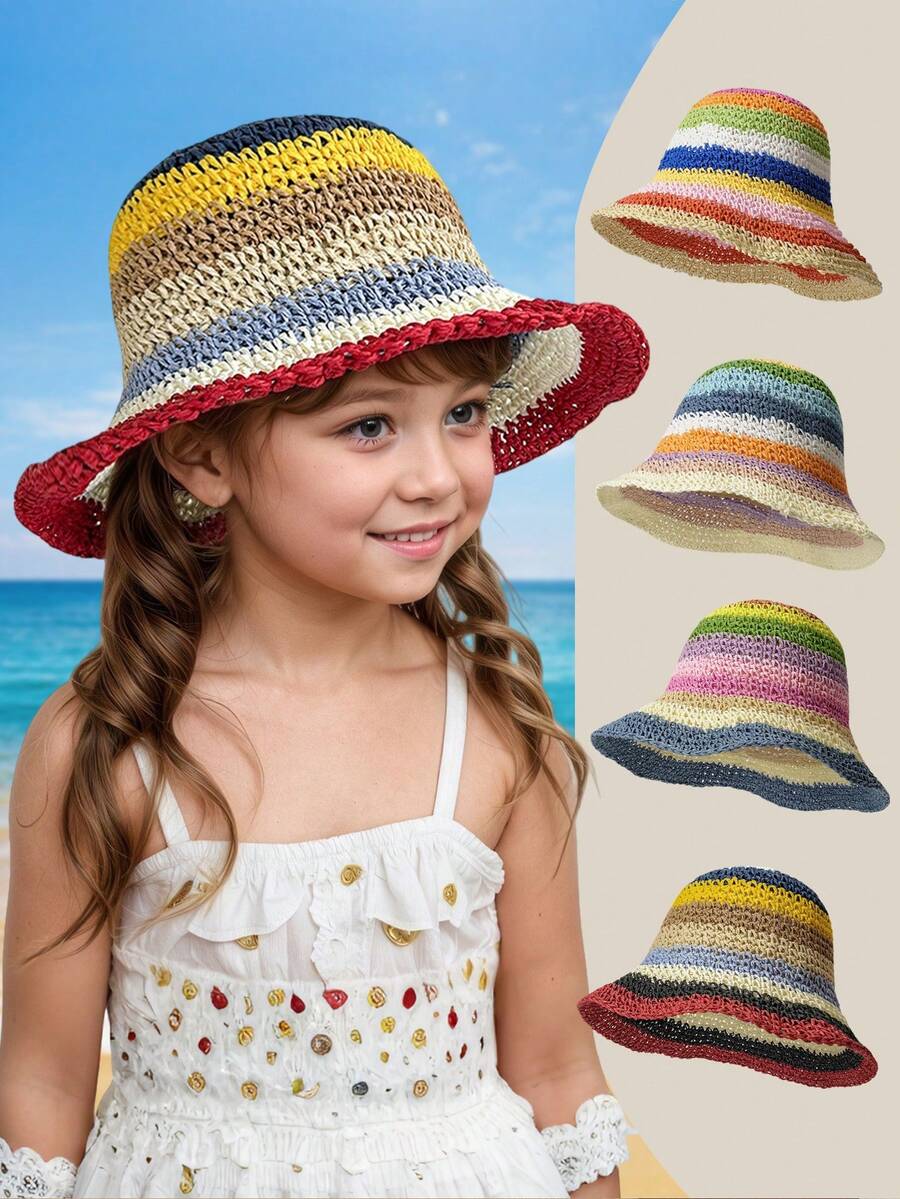 1Pc Kid Rainbow Sun Protection Crochet Bucket Hat For Vacation Travel - Rainbow Children's Straw Hat - View 1