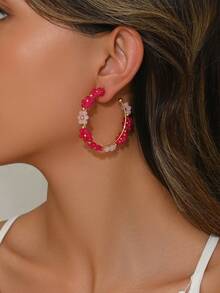 1 Cặp bông tai vòng hoa nhiều màu sắc thời trang dành cho nữ, bông tai vòng hoa pha lê tinh tế sang trọng, thích hợp đeo hàng ngày, đi nghỉ, dự tiệc (Làm thủ công, màu hạt ngẫu nhiên và dây kim loại quấn) - Hồng - Xem 2