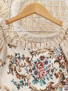 春夏优雅女孩玫瑰花朵印花泡泡袖方领休闲连衣裙 - 杏色 - 查看 3