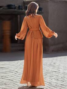 BA5215 Nouvelle robe longue plissée élégante à col V et manches longues avec décorations de perles faites à la main. Robe de soirée femme, modeste - Corail - Voir 3
