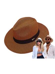 FASHION PANAMA HAT SHANTUNG FEDORA STRAW BLACK BAND QUALITY PROMOTION - Rust Brown - View 1