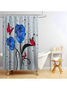 1pc/4pcs Romantic Rose & Butterfly Printed Bathroom Curtain Set, Adds Dreamy Atmosphere To Bathroom. Includes Shower Curtain With 12 Hooks, Bath Rug, U-Shaped Toilet Mat, Toilet Lid Cover, Bathroom Divider, Bathroom Accessories, Bathroom Decor