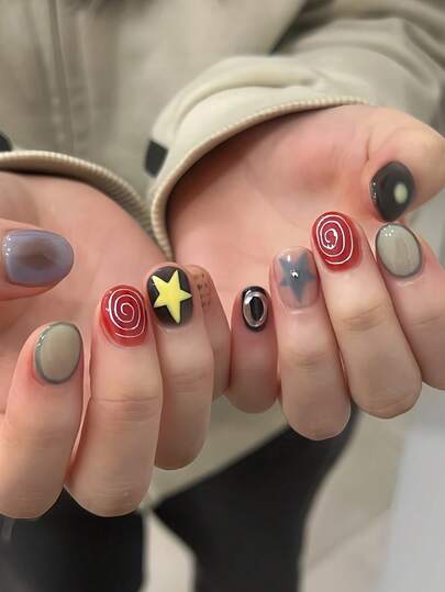 24 件方形短假指甲，甜美酷炫星形水钻螺旋条纹设计，时尚款式，适合女士和女孩，包括指甲锉和凝胶胶按压指甲美甲用品