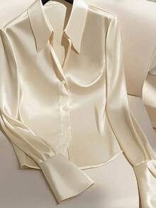 New French Light Ripe Lapel Satin Solid Color Long Sleeve Single Breasted Long Sleeve Shirt Elegant Style Blouse Woman - Beige - View 1