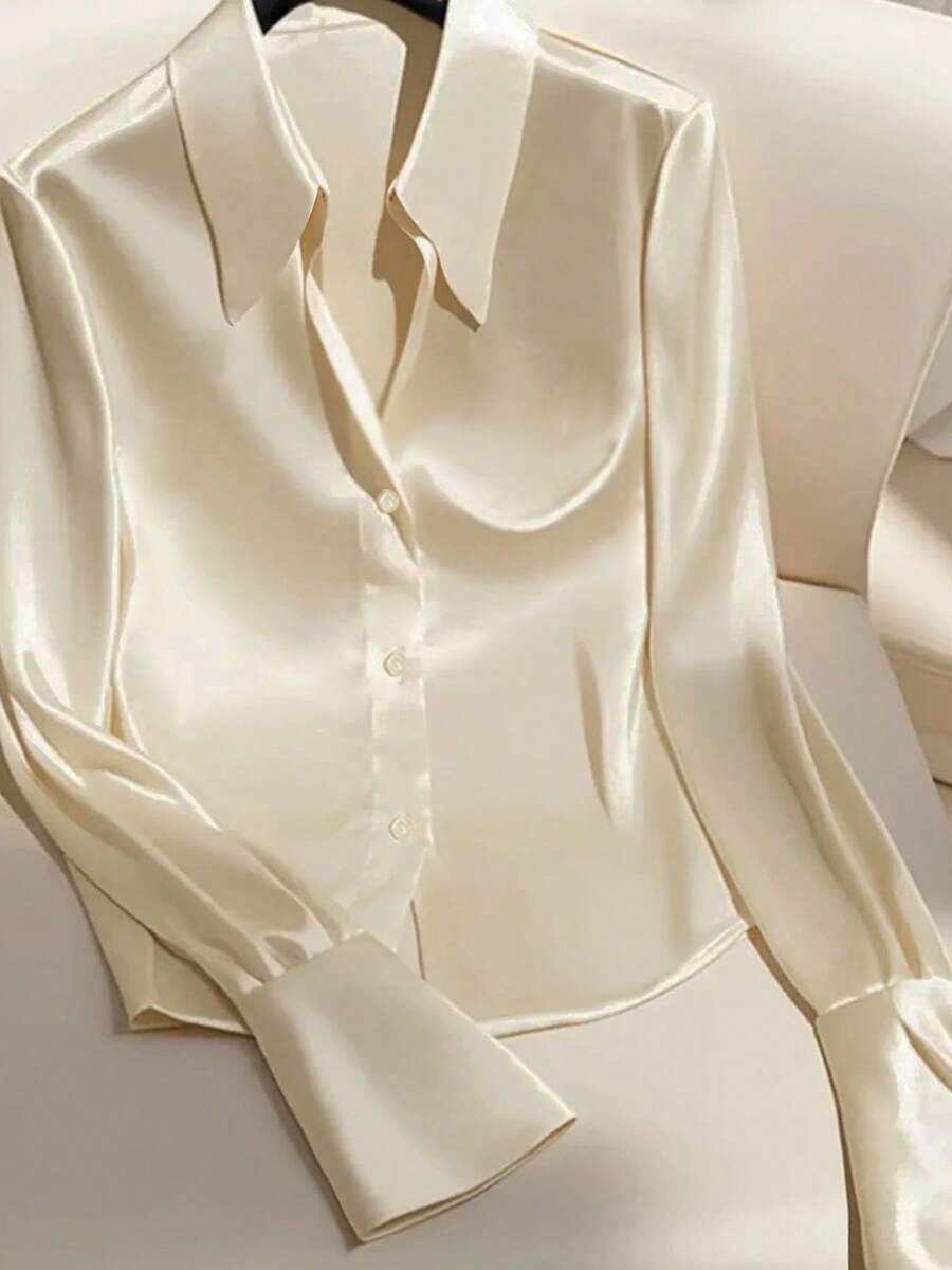 New French Light Ripe Lapel Satin Solid Color Long Sleeve Single Breasted Long Sleeve Shirt Elegant Style Blouse Woman - Beige - View 1