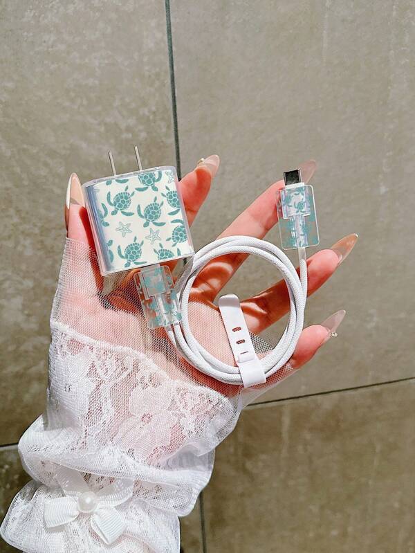 4pcs Turtle Pattern 20W Charger Protector Set, Compatible With IPhone 16/16 Pro Max/15/14/13/11 Charger Case, Data Cable Protective Cord, Prevents Breakage, Transparent TPU Soft Case For Summer Holiday Cable Protector