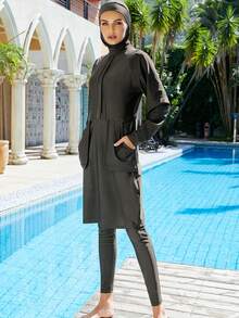 VFJ 女士端庄穆斯林泳衣全覆盖泳装伊斯兰头巾游泳布基尼泳衣纯色 - 灰色 - 查看 2