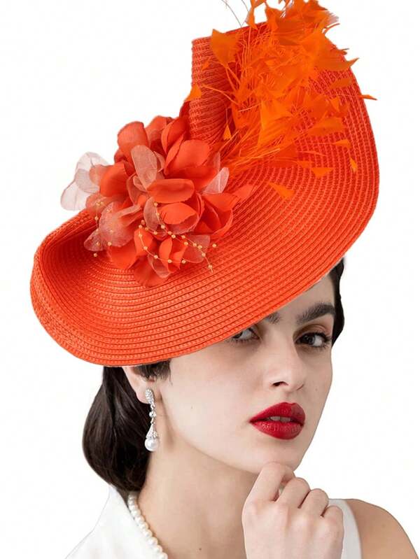 1pc Women Fascinator Feather Flower Hair Clip Headband Straw Hat Bridal Headband Derby Wedding Hat Kentucky Cocktail Tea Party Prom Christmas Hair Accessories Hat