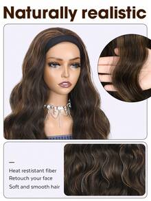 Tóc giả dài 24 inch, kiểu dáng gợn sóng, màu nâu sẫm pha vàng ombre, tóc giả dài tổng hợp dành cho phụ nữ và bé gái để mặc hàng ngày và dự tiệc (Màu nâu) - Nhiều màu - Xem 4