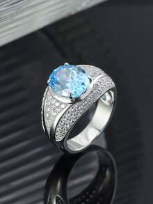 1pc S925 Silver Topaz Ring For Men, Featuring Synthetic Topaz, Luxurious & Elegant, Suitable For Weddings, Banquets, Parties, Father's Day & Mother's Day Gifts - 銀色 - 查看 5