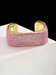 1pc Women's Fashionable Geometric Square Bangle, Luxury High-End Fully Rhinestoned Metal Bracelet, Suitable For Formal Parties