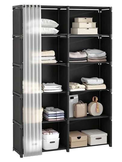 Una Set de Estantería Multifuncional con Cortina 6 Niveles y 10 Compartimentos para Almacenamiento Gran Capacidad Diseño Moderno Fácil de Montar Ideal para Dormitorio Oficina y Baño  Descubre la solución perfecta para organizar tu hogar con esta estantería multifuncional. Con 6 niveles y 10 compartimentos espaciosos, ofrece una gran capacidad de almacenamiento para libros, ropa y accesorios. Su diseño con cortina protege contra el polvo y brinda privacidad. Fabricada con tubos metálicos y tela no tejida de alta calidad, es resistente, ligera y fácil de montar. Disponible en negro y blanco, se adapta a cualquier espacio como dormitorios, salas de estar y oficinas.