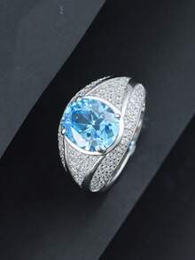 1pc S925 Silver Topaz Ring For Men, Featuring Synthetic Topaz, Luxurious & Elegant, Suitable For Weddings, Banquets, Parties, Father's Day & Mother's Day Gifts - 銀色 - 查看 6