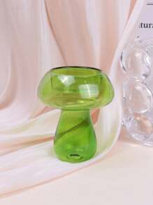 1pc Glass Mushroom Shaped Candle Holder, Green, Transparent, Coffee Color, Mushroom Style Candle Holder, Restaurant Decor (Candle Not Included)