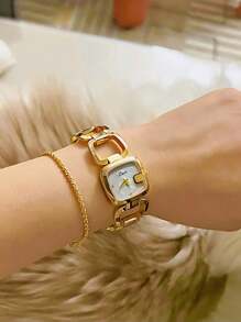 1 pieza Reloj de mujer de alta gama con estilo francés sencillo y elegante, personalizado, con incrustaciones exquisitas de rhinestones, esfera de nácar, correa de acero inoxidable hueca, diseño retro elegante y de lujo versátil, resistente al agua, reloj de cuarzo adecuado para ocio, vacaciones, fiestas y uso diario, se puede usar como un regalo de cumpleaños u ocasión festiva