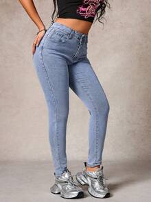 Jeans elásticos casuales ajustados de unicolor para mujer