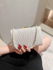 1pc Elegant Box-Shaped Evening Clutch With Pleated Design, Faux Pearl Decor, Suitable For Weddings, Romantic Occasions, Formal Party, Ball, Gown, Elegant Pearl Clutch, Prom Bag - Silver - View 6